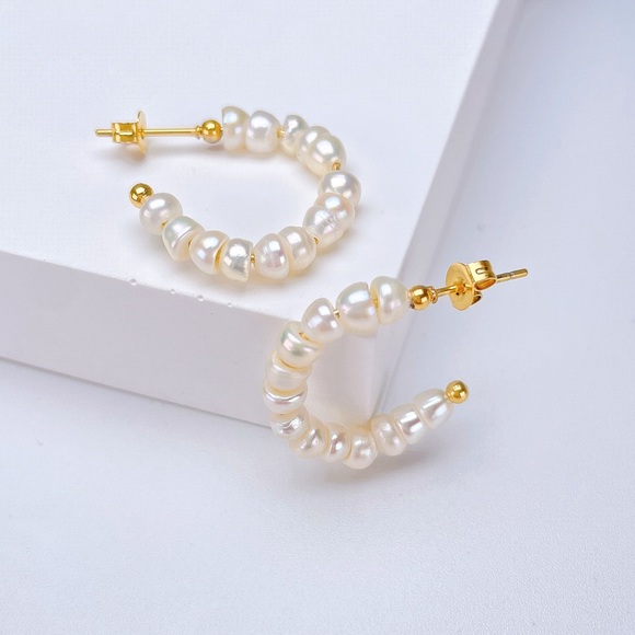 Statement Dainty Baroque Pearls Hoop 18K Gold Plated Earrings - Picture 3 of 6